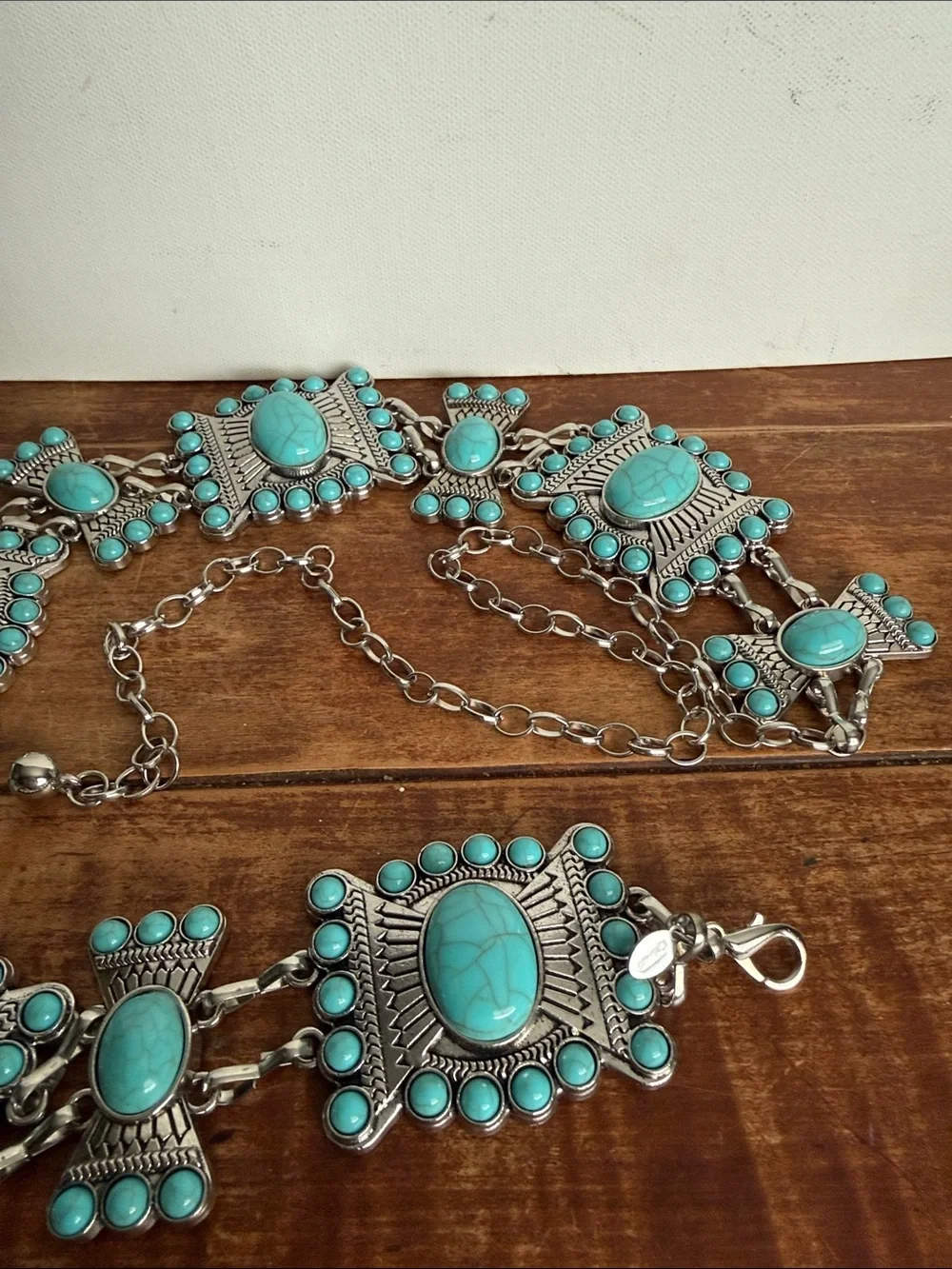 Turquoise Stone Statement Chain Belt- Silver-Tone Accents